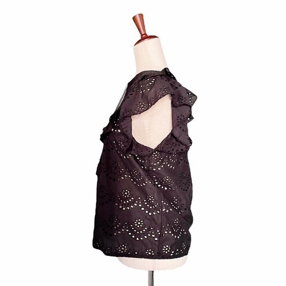 NWT Nicole Miller Top Black Cotton Eyelet Flutter Sleeve Blouse Size Small NEW - Picture 7 of 16